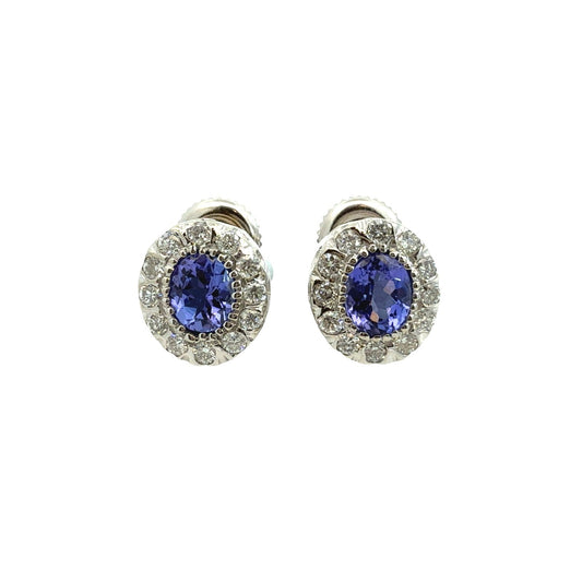 14k White Gold 0.86cttw Oval Tanzanite & 0.30cttw Diamond Halo Stud Earrings0