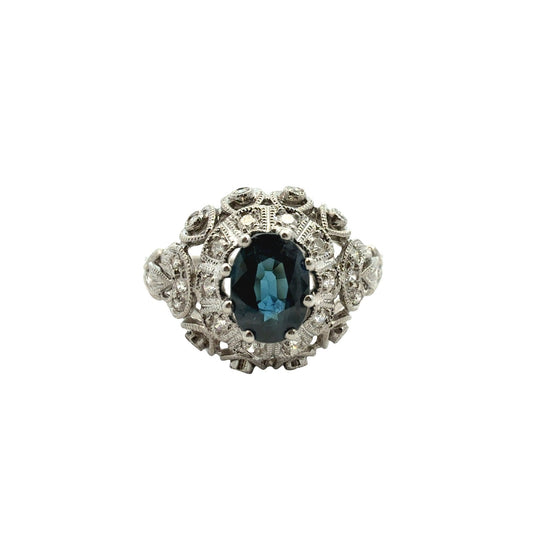 Vintage 14k White Gold 1.07tcw Sapphire and 0.26cttw Diamond Filigree Ring0