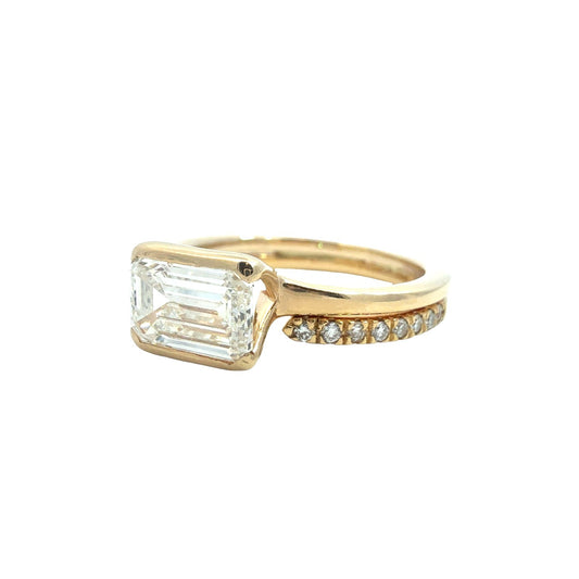14k YG East-West Emerald-Cut 1.08tcw Diamond Engagement Ring & 18k 0.10cttw Band1