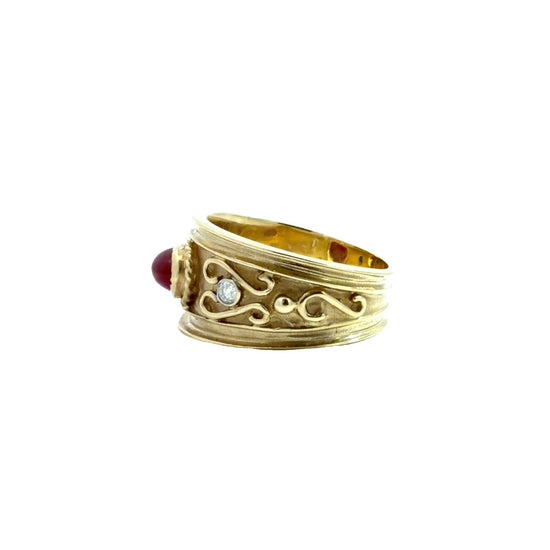Vintage 14k Yellow Gold 0.25tcw Cabochon Ruby & 0.09cttw Diamond Scrollwork Band3