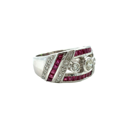 18k White Gold Art Deco Style 0.37cttw Diamond & 0.54cttw Ruby Ring Size 71
