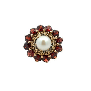 Vintage 14k Yellow Gold Stamped Pearl & 4.68cttw Garnet Halo Cocktail Ring0