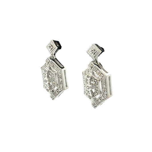 14k White Gold and 0.42cttw Diamond Geometric Art Deco Style Dangle Earrings1