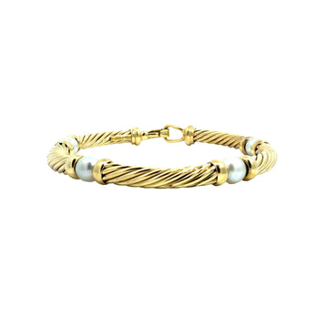 David Yurman 18k Yellow Gold Pearl Metro Twisted Cable Station Bracelet 6.5"0