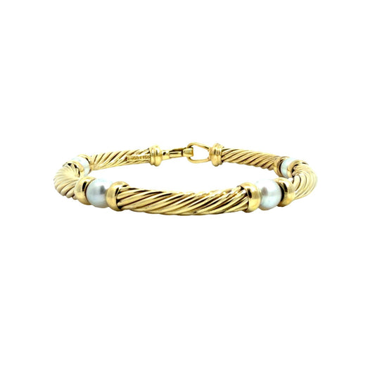 David Yurman 18k Yellow Gold Pearl Metro Twisted Cable Station Bracelet 6.5"0