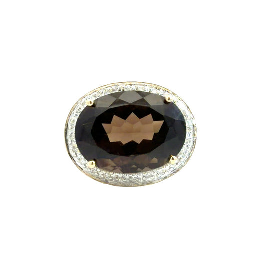14k Yellow Gold 8.70tcw Oval Smoky Quartz & 0.13cttw Diamond Halo Cocktail Ring0
