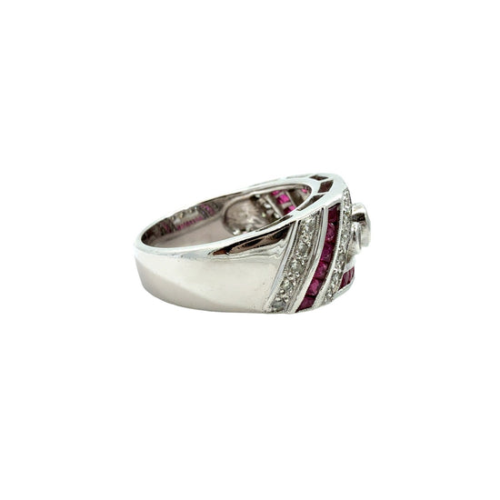 18k White Gold Art Deco Style 0.37cttw Diamond & 0.54cttw Ruby Ring Size 72