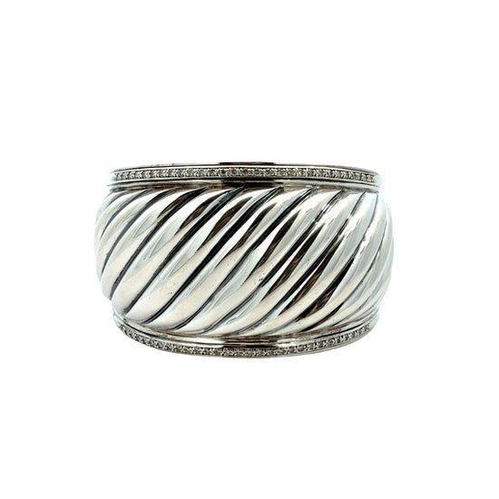 David Yurman Sterling Silver and Diamond Sculpted Cable Cuff Bracelet 0