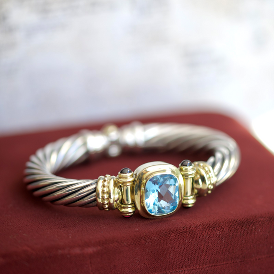 David Yurman Sterling Silver Two Tone Blue Topaz and Garnet Hinged Bangle0