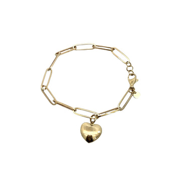 14k Yellow Gold Paperclip Chain Heart Charm Bracelet 7.5"0