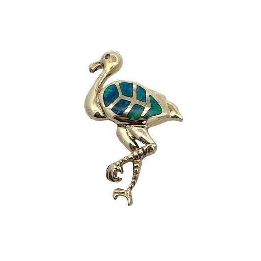 Vintage 14k Yellow Gold Opal Inlay & 0.01tcw Diamond Flamingo Pin/Pendant0