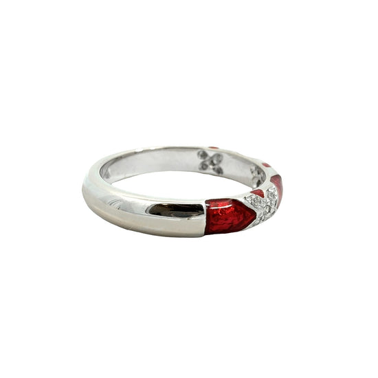 18k White Gold Red Enamel and 0.09cttw Diamond X-Motif Band Ring4