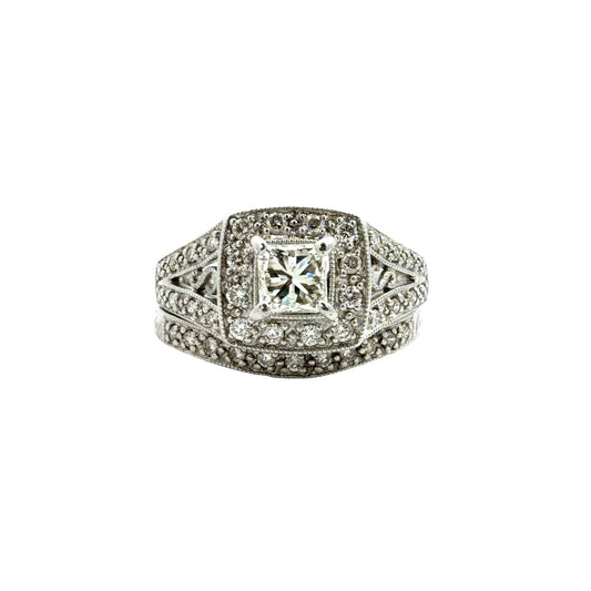 14k White Gold 0.94cttw Diamond Halo Bridal Set Size 70