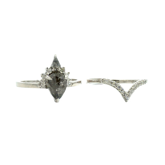 18k White Gold Salt & Pepper 0.82ctw(0.56ct) Pear Diamond Engagement Ring & Band1