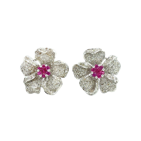 14k White Gold 1.15cttw Diamond and 0.66cttw Created Sapphire Floral Earrings1