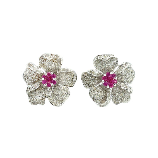 14k White Gold 1.15cttw Diamond and 0.66cttw Created Sapphire Floral Earrings1