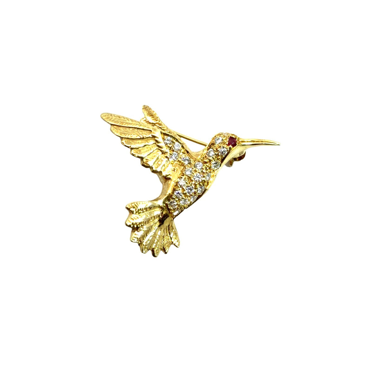 Vintage 18k Yellow Gold 0.18cttw Diamond & 0.01tcw Ruby Hummingbird Pin0