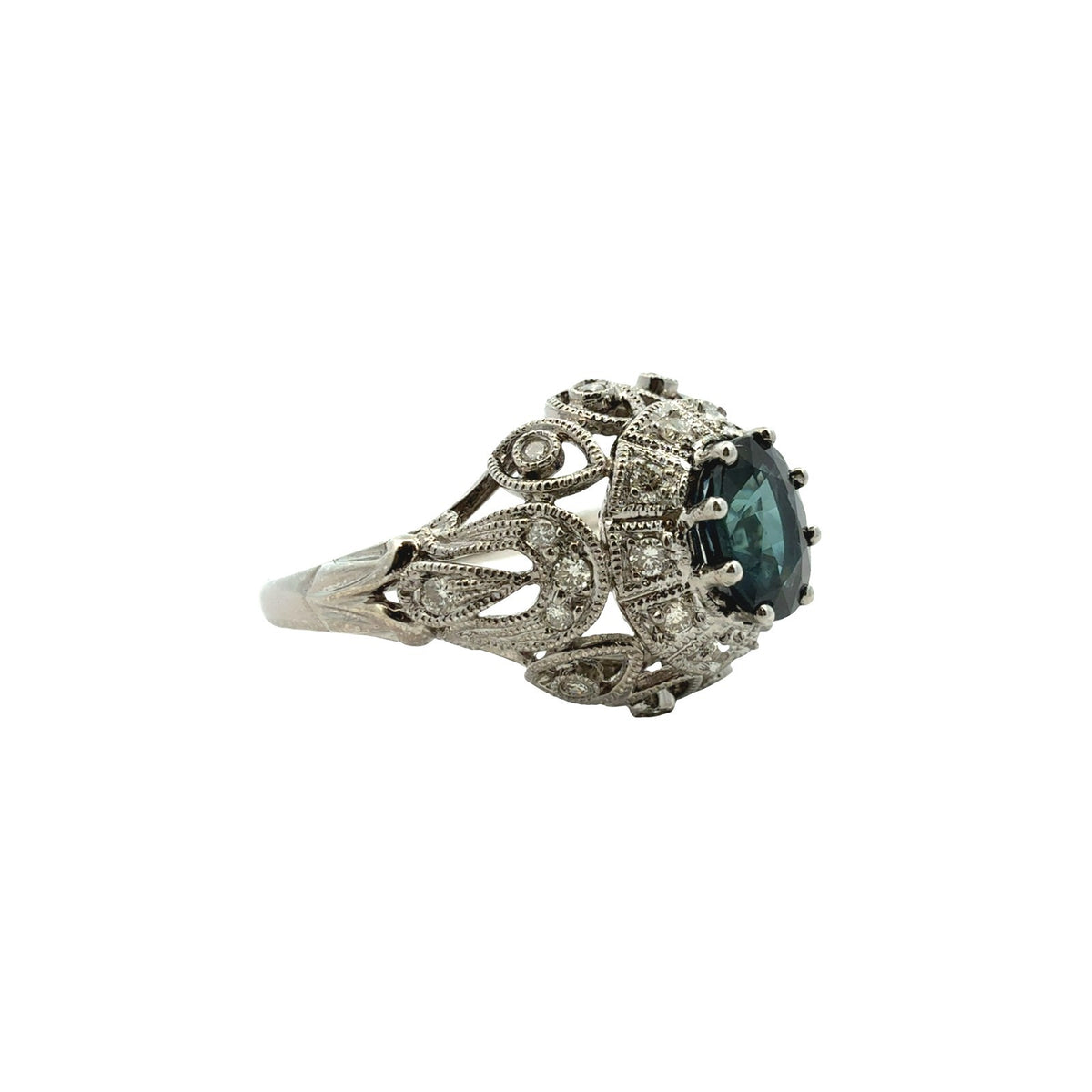 Vintage 14k White Gold 1.07tcw Sapphire and 0.26cttw Diamond Filigree Ring1