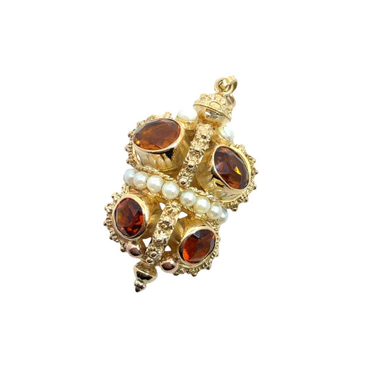 Vintage 18k Yellow Gold Stamped 11.16cttw Citrine and Pearl Ornate Crown Pendant1