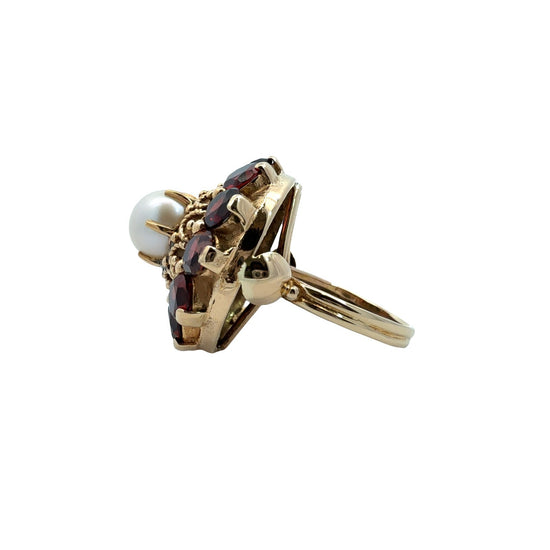 Vintage 14k Yellow Gold Stamped Pearl & 4.68cttw Garnet Halo Cocktail Ring4