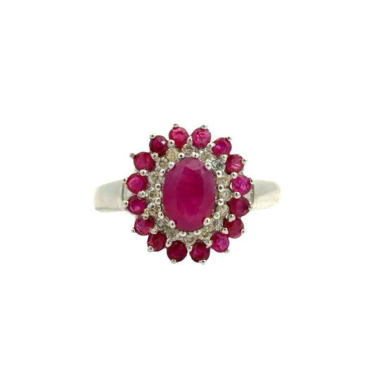 Estate 14k White Gold 0.20cttw Diamond & 1.21cttw Ruby Cluster Cocktail Ring0