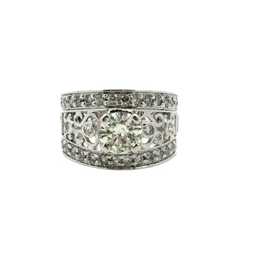 Vintage 14k White Gold 1.68cttw Diamond Filigree Wide Band Engagement Ring0