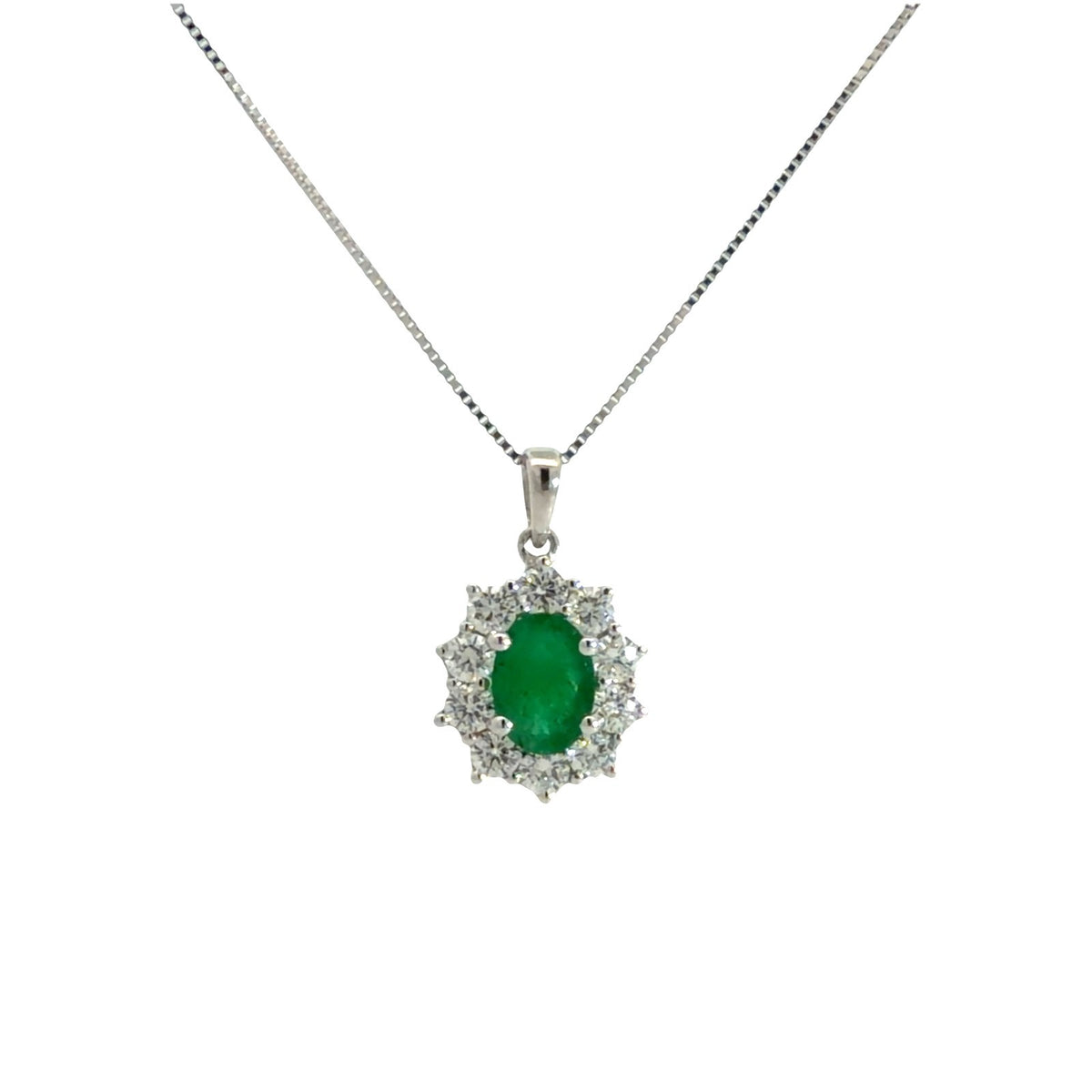 18k White Gold Oval 0.67tcw Emerald and 0.60cttw Diamond Halo Pendant Necklace0