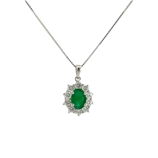 18k White Gold Oval 0.67tcw Emerald and 0.60cttw Diamond Halo Pendant Necklace0