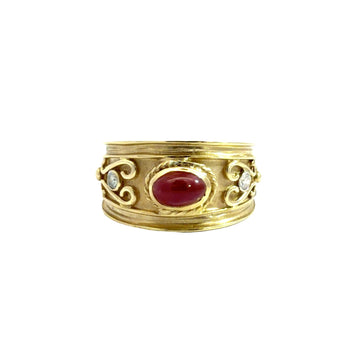 Vintage 14k Yellow Gold 0.25tcw Cabochon Ruby & 0.09cttw Diamond Scrollwork Band0