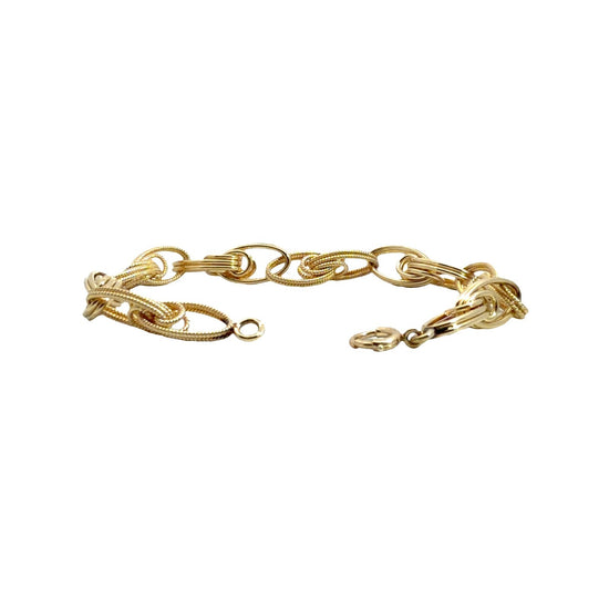 14k Yellow Gold Stamped Alternating Textured & Polished Oval Link Bracelet 7"3