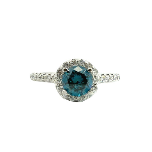 14k White Gold 1.09cttw Blue & White Diamond Halo Engagement Ring Size 60