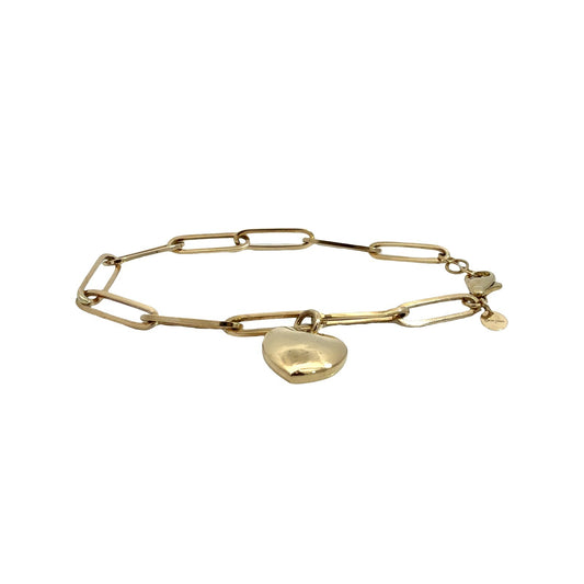 14k Yellow Gold Paperclip Chain Heart Charm Bracelet 7.5"1