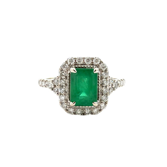 Royal 14k White Gold 1.02tcw Emerald and 0.63cttw Diamond Halo Cocktail Ring0