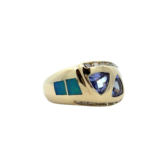 STS 14k Yellow Gold 1.07cttw Tanzanite 0.35cttw Diamond & Opal Inlay Ring1