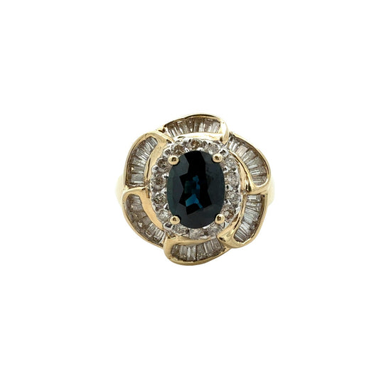Vintage 14k Yellow Gold 1.60tcw Sapphire and 1.00cttw Diamond Floral Halo Ring0