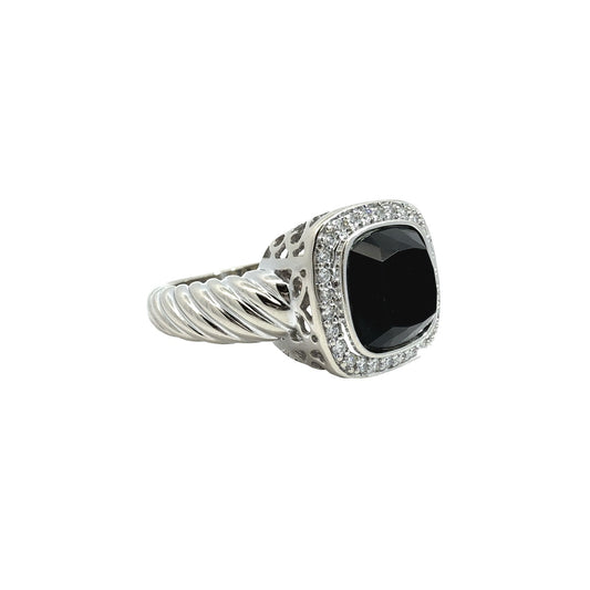 14k White Gold Onyx and 0.17cttw Diamond Halo Twisted Cable Cocktail Ring1