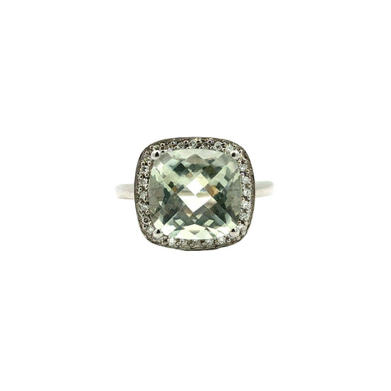 14k White Gold Cushion-Cut 3.33tcw Prasiolite and 0.11cttw Diamond Halo Ring0