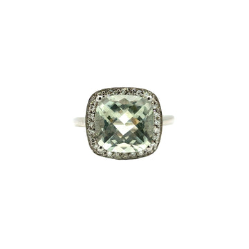 14k White Gold Cushion-Cut 3.33tcw Prasiolite and 0.11cttw Diamond Halo Ring0