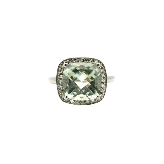 14k White Gold Cushion-Cut 3.33tcw Prasiolite and 0.11cttw Diamond Halo Ring0