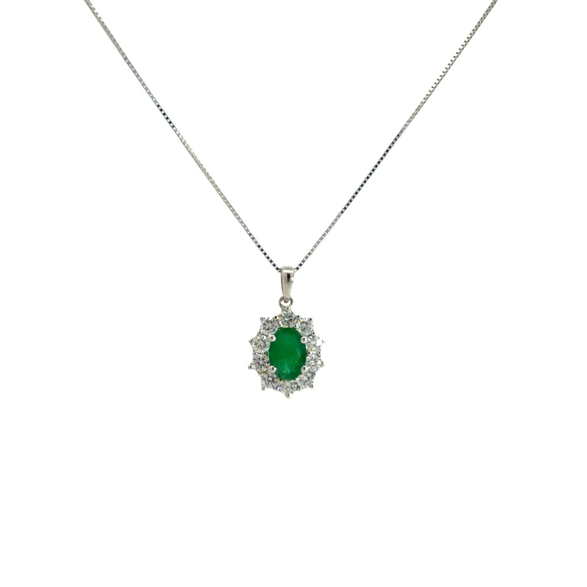 18k White Gold Oval 0.67tcw Emerald and 0.60cttw Diamond Halo Pendant Necklace1
