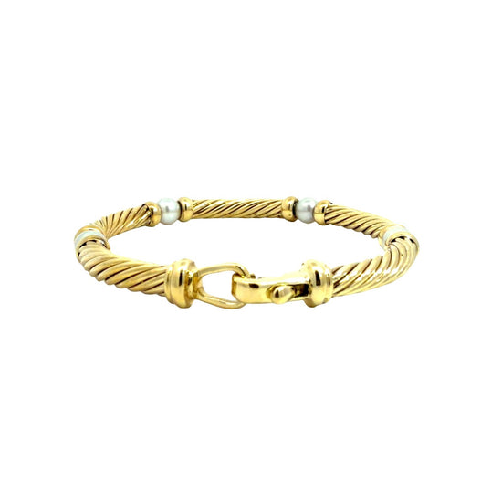 David Yurman 18k Yellow Gold Pearl Metro Twisted Cable Station Bracelet 6.5"3