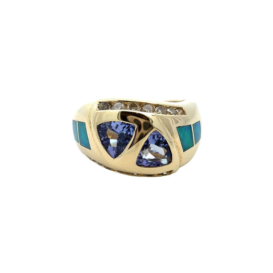 STS 14k Yellow Gold 1.07cttw Tanzanite 0.35cttw Diamond & Opal Inlay Ring0