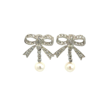 14k White Gold 0.60cttw Diamond Bow and Pearl Drop Earrings0