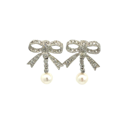 14k White Gold 0.60cttw Diamond Bow and Pearl Drop Earrings0